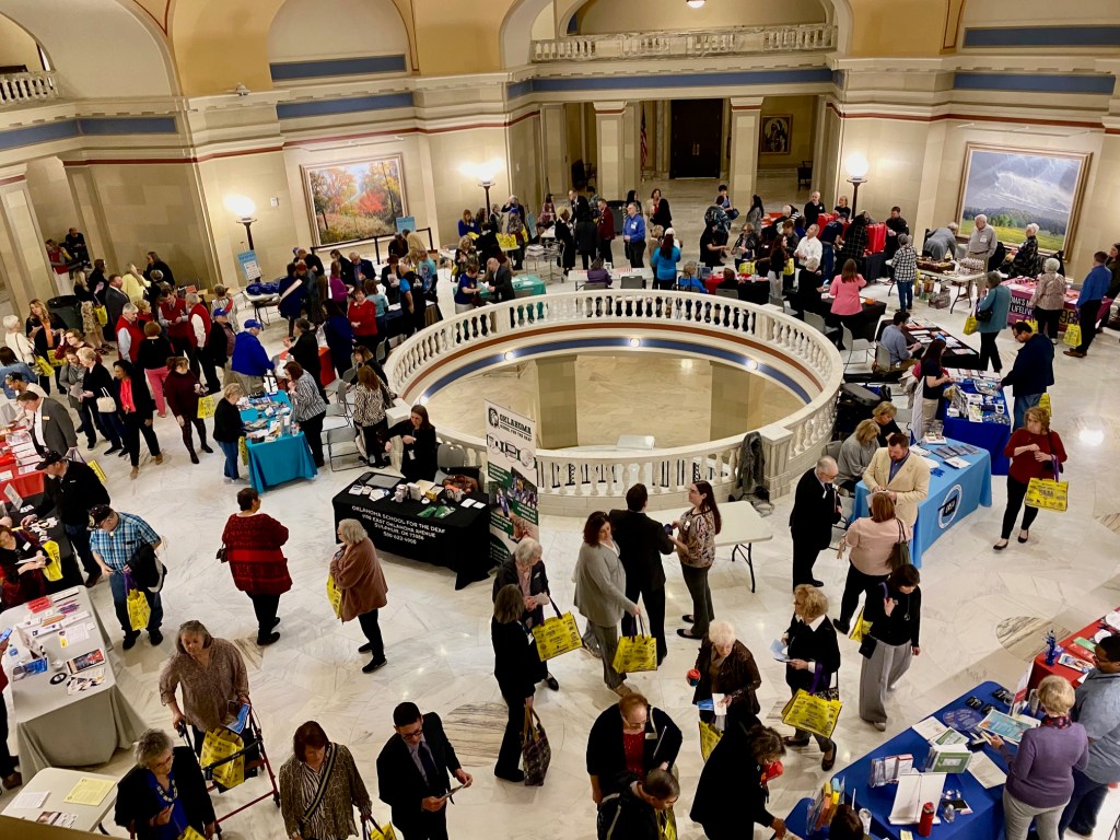 People gathered in the second floor rotunda of the Oklahoma Capitol